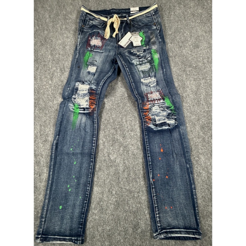 Rue21 Premium Skinny Flex Jeans Men's 32x30 Blue Distressed‎ Paint Splatter NWT
